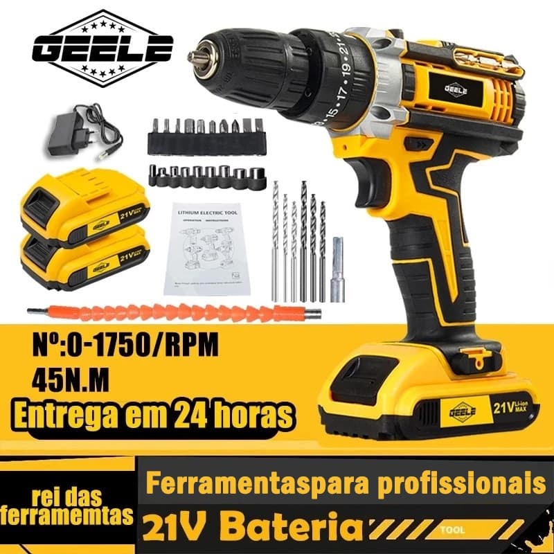 Furadeira Parafusadeira 45N.m 3/8" bateria12V/ 21V 2 Baterias com  e acessórios GEELE
