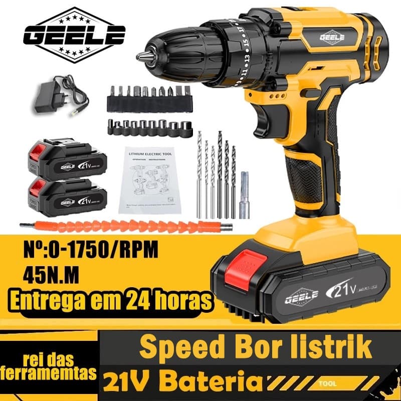 Parafusadeira/Furadeira 21V C/ Kit  DUAS BATERIAS 1 6500MAH 0-1400r/min ﻿GEELE