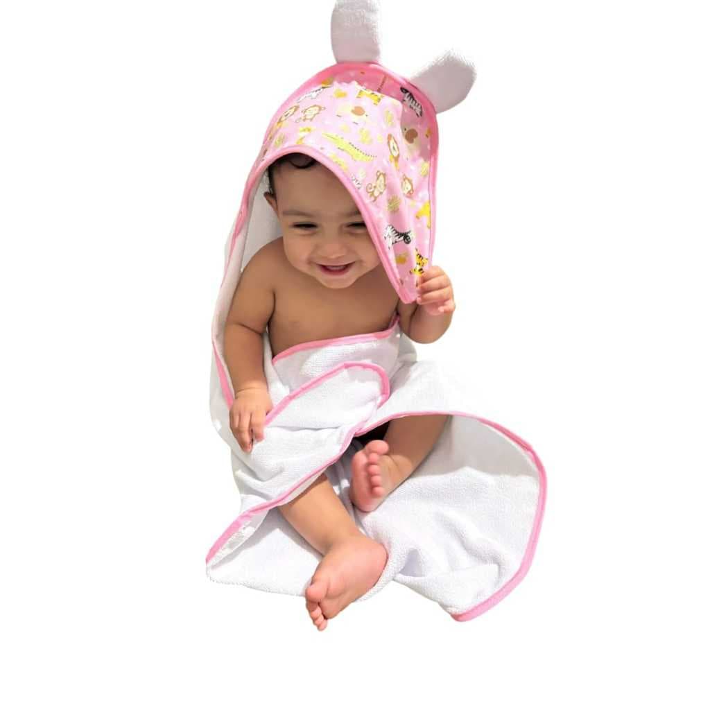 Toalha Banho Bebe Recém Nascido c Capuz de Orelhinha Menino e Menina  70x70 cm Poliéster Atoalhado