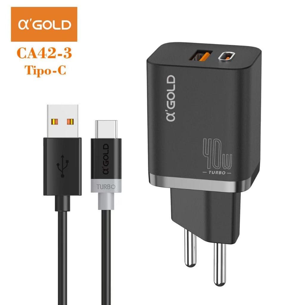Kit carregador turbo 9.1A 40W PD 3.0 com cabo Tipo-C toamda com 2 entrada USB-A / USB-C