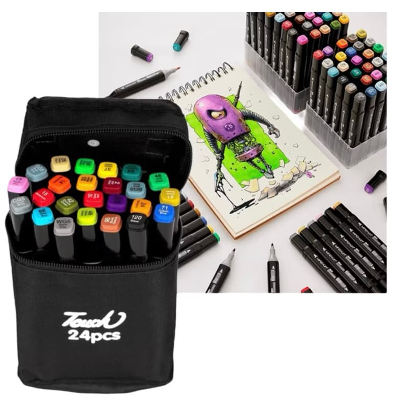 Kit Estojo Canetinhas Escolar Com Ponta Dupla 24/36/48/60/80 Cores Marcador Permanete + Bolsa