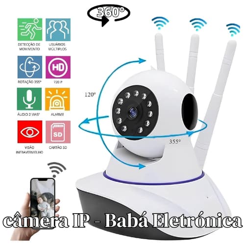Câmera IP Wi-Fi 360° HD – Babá Eletrônica Smart com Visão Noturna, Alarme, Monitoramento e 3 Antenas | Bivolt Sem Fio