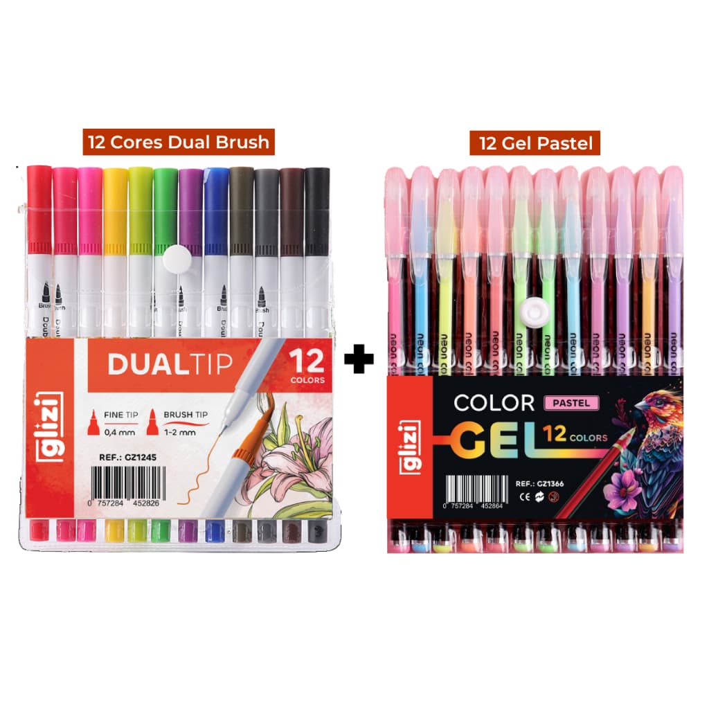 Kit Canetas Dual Brush Pen 12 Cores + Canetas ColorGel Pastel ou Neon 12 Cores