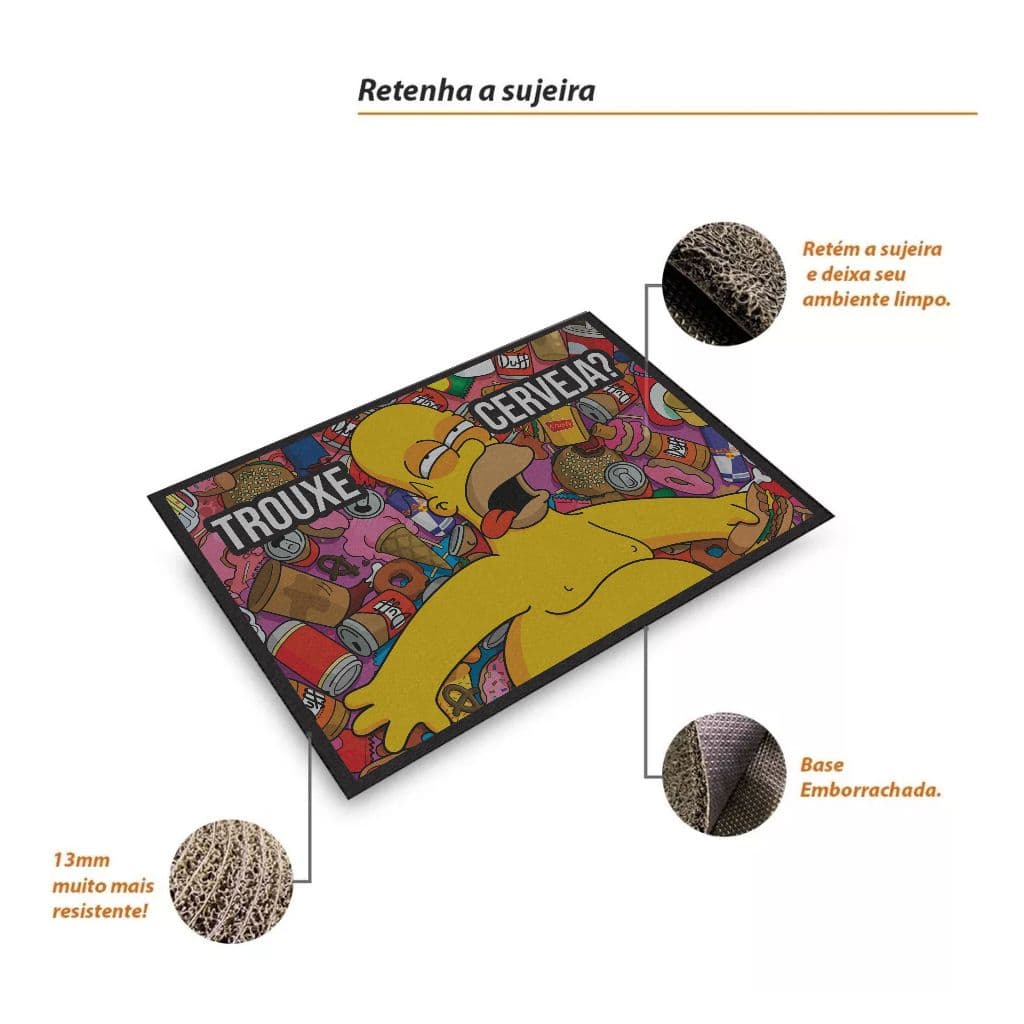 apete Capacho 60x40 ENTRADA HOMER SIMPSON CERVEJA DIVERTIDO CORES VIVAS E RESISTENTES GROSSO 13MM