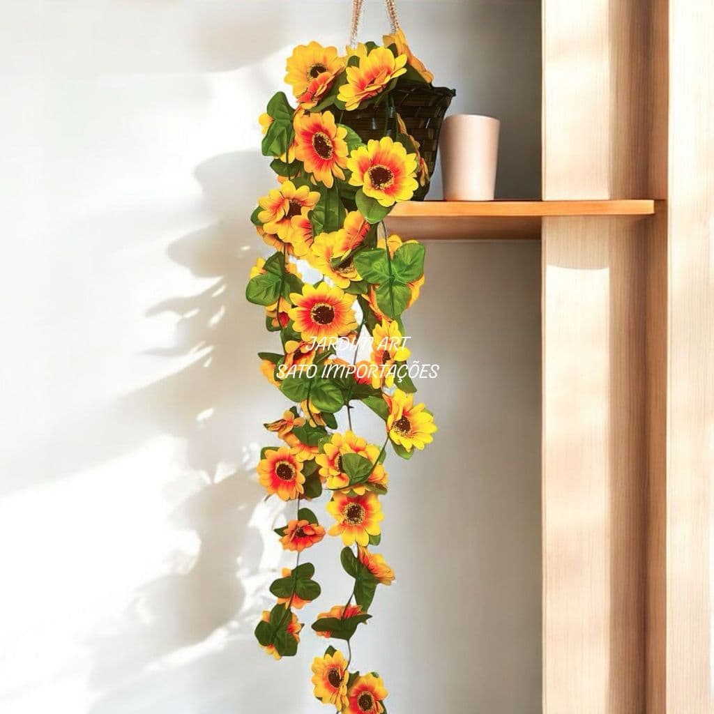 Arranjo de Flores Artificiais Pendente Girassol Vaso Suspenso para Decoração Interna e Externa