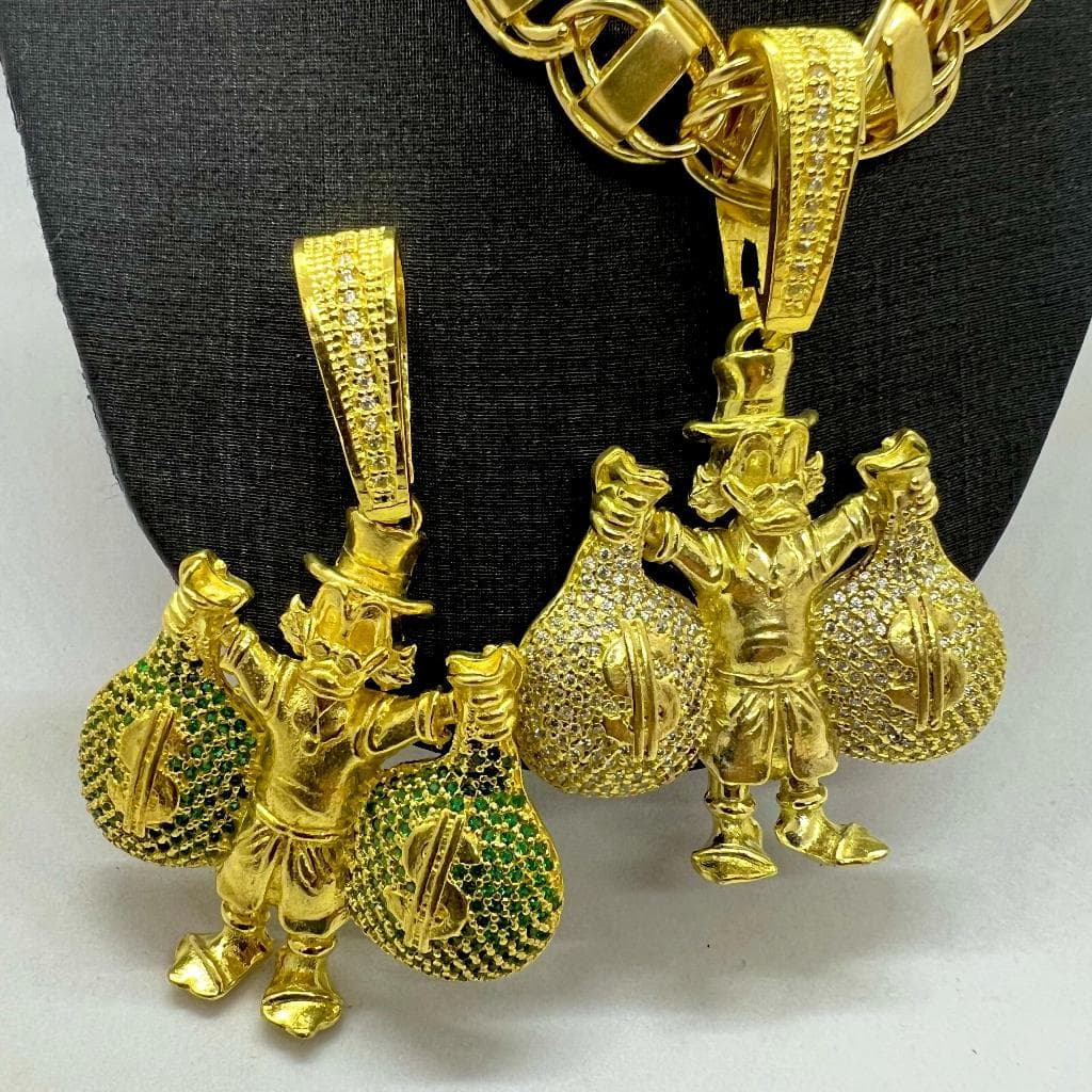 PINGENTE TIO PATINHAS SACO DE DINHEIRO 100% MOEDA ANTIGA RICO GRANDE SORTE 777 UNISSEX COR OURO 18K