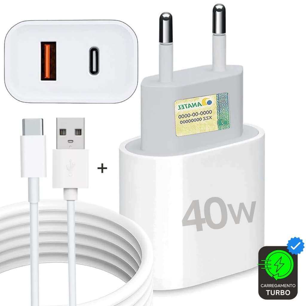 Carregador Tipo C 40W Super Turbo Fonte 2 Entradas USB e USB-C + Cabo Usb-C Samsung, Motorola, Xiaomi, Iphone 15, 16, 17