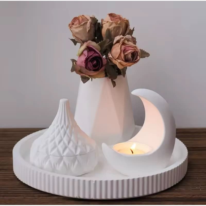 Objetos decorativos de gesso, bandeja, vaso 3D, lua, porta jóias