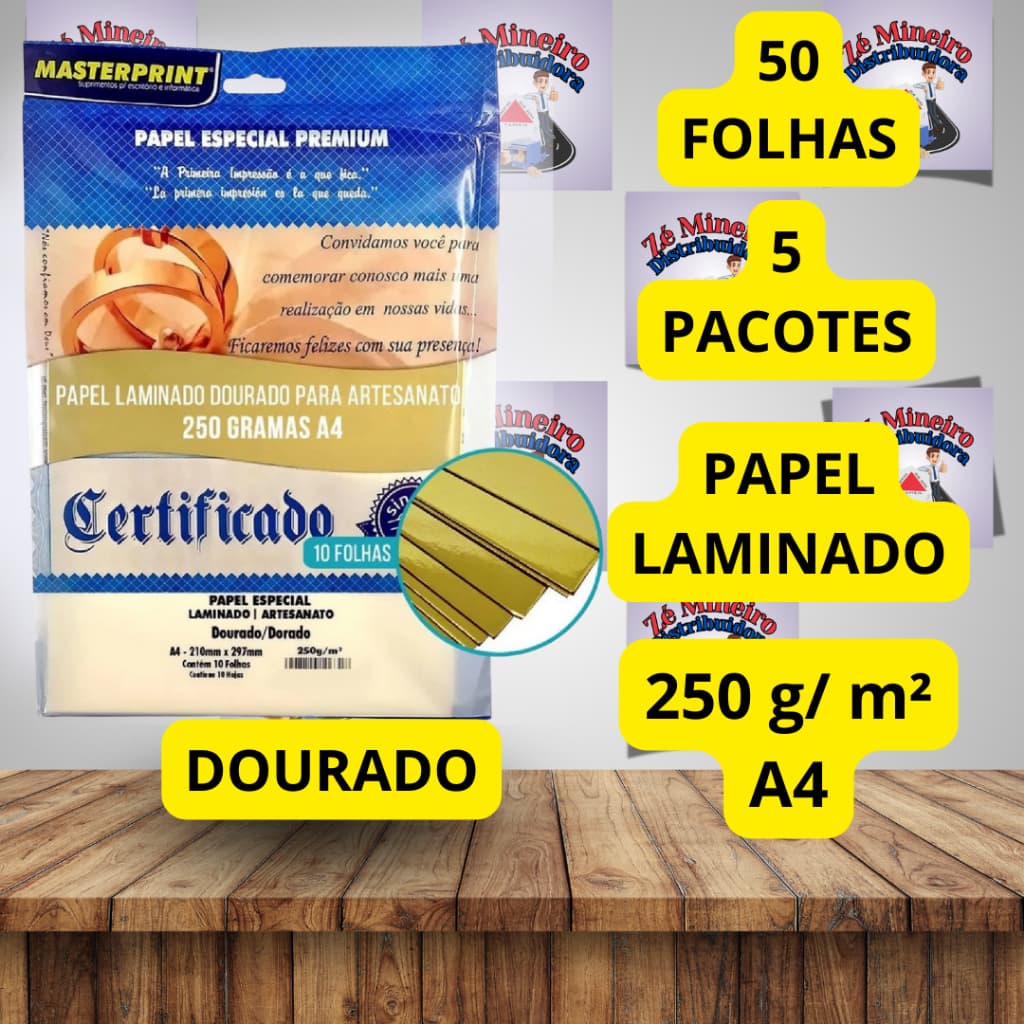 Papel Laminado Dourado 250g A4 Brilho Masterprint Artesanato Folhas Lamicote Escolar