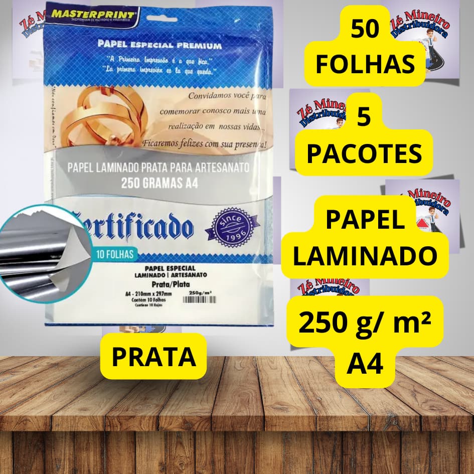 Papel Laminado Prata 250g A4 Brilho Masterprint Artesanato Folhas Lamicote Escolar