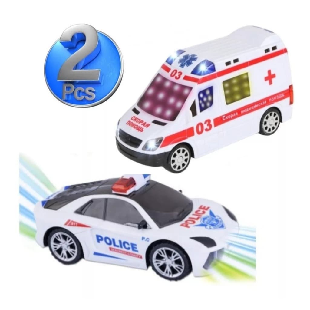 Kit 2 Carrinho Polícia + Ambulância Bate Volta Luz 3d E So Personagem Kit Policia e Ambulancia