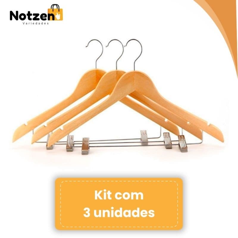 Kit com 3 cabides de Madeira com presilhas