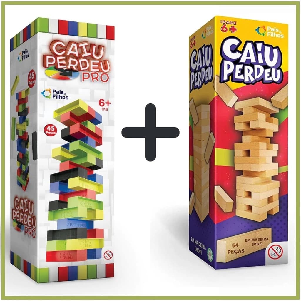 Kit Caiu Perdeu Pro 45 Blocos Coloridos C/Roleta + Caiu Perdeu 54 Peças Madeira Diversão p/Família