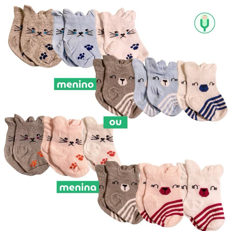 Kit Meias Gatinhos 6 Pares Recém Nascido