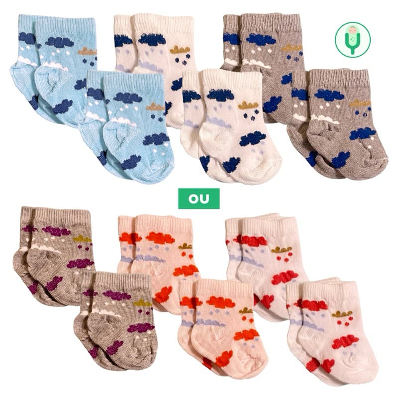 Kit Meias 6 Pares Recém Nascido Estampa de Nuvens
