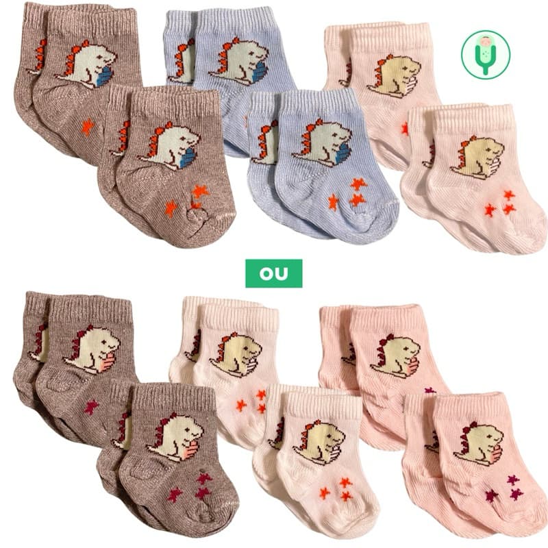 Kit Meias 6 Pares Recém Nascido Estampa de Dinossauro