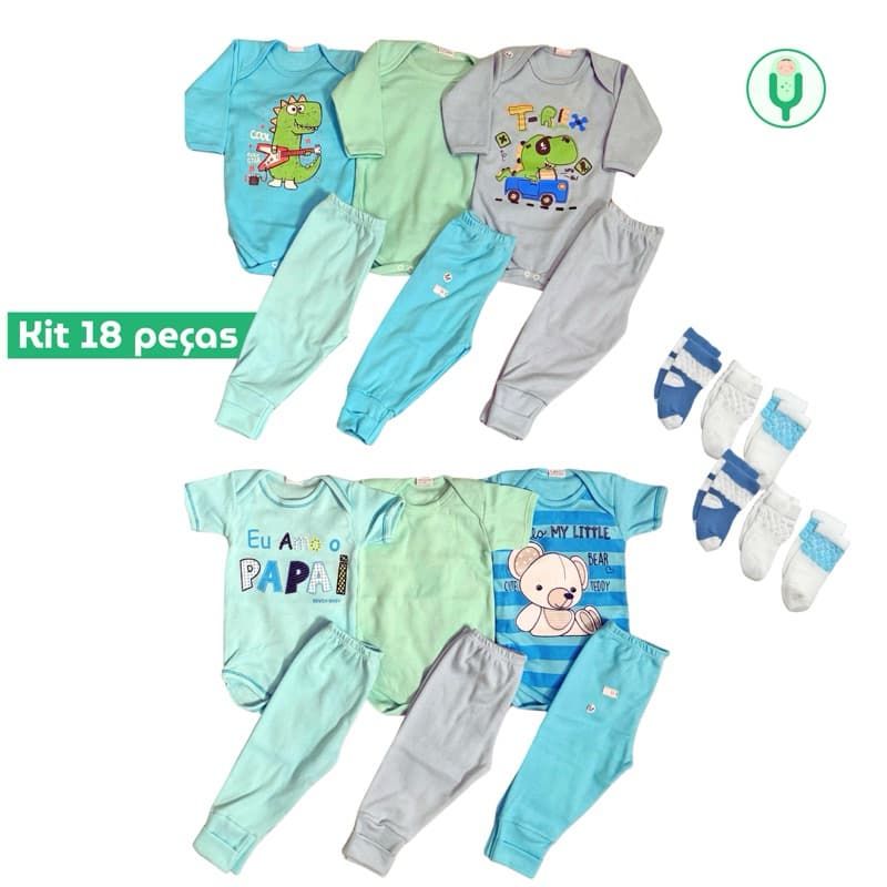Kit Enxoval Bebê Menino Completo – 18 Peças – 100% Algodão