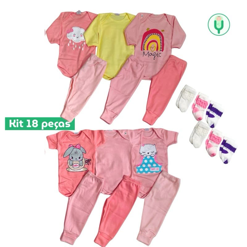 Kit Enxoval Bebê Menina Completo – 18 Peças – 100% Algodão