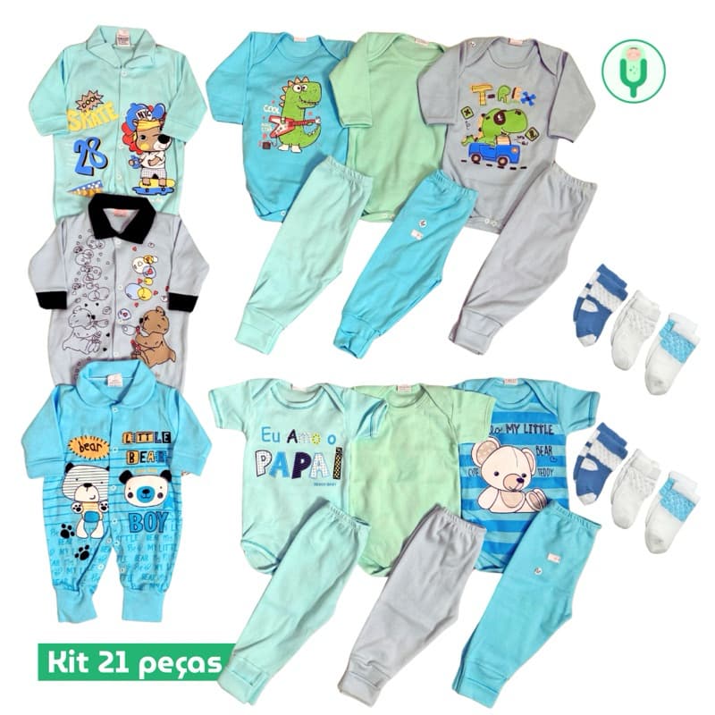 Kit Completo de Bebê Menino 21 Peças Suedine 100% Algodão – Macacão, Body, Mijão e Meias