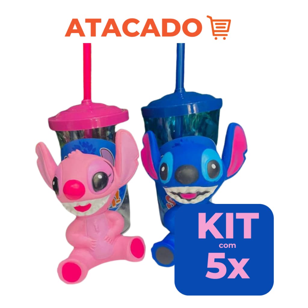 Kit 5 Boneco Stitch Azul e Rosa + Copo com Canudo 400m