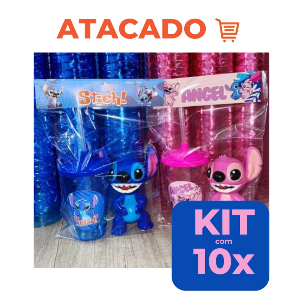 Kit 10 Boneco Stitch Azul e Rosa + Copo com Canudo 400ml