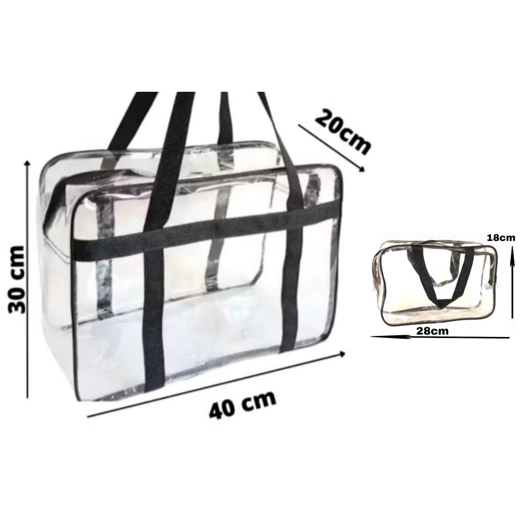 kit Bolsa e Necessárie Cristal Transparente Grande, Reforçada/ PRETA (Ziper Especial)Praia. G(0,30)