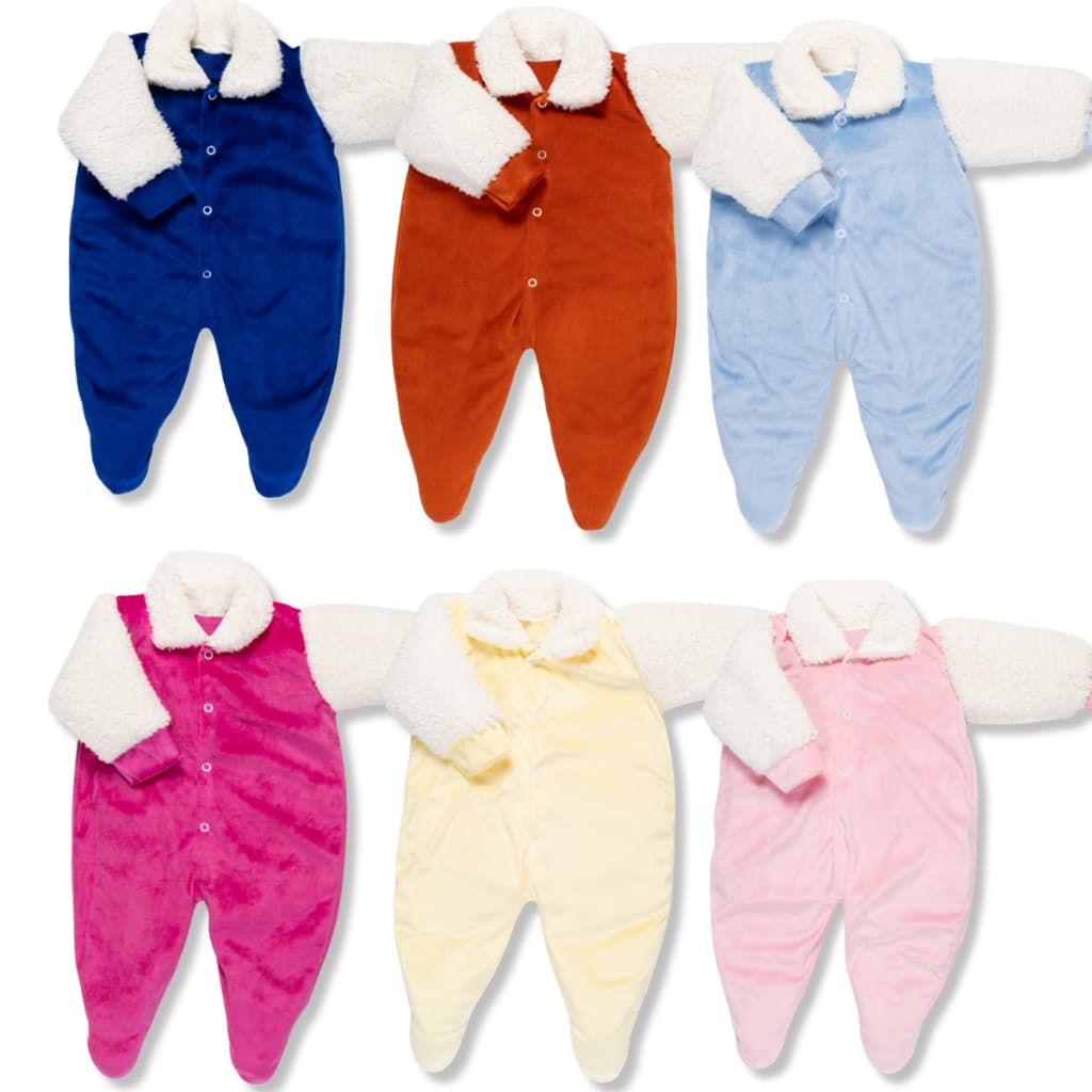 Kit 3 Pçs Macacão Plush Bebe Veludo Pelo Na Gola Macio Menina Menino