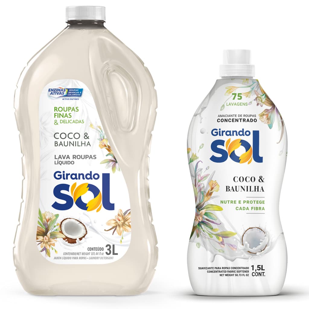 Kit Lava Roupas Líquido e Amaciante Concentrado, Girando Sol Coco e Baunilha, 3L + 1,5L