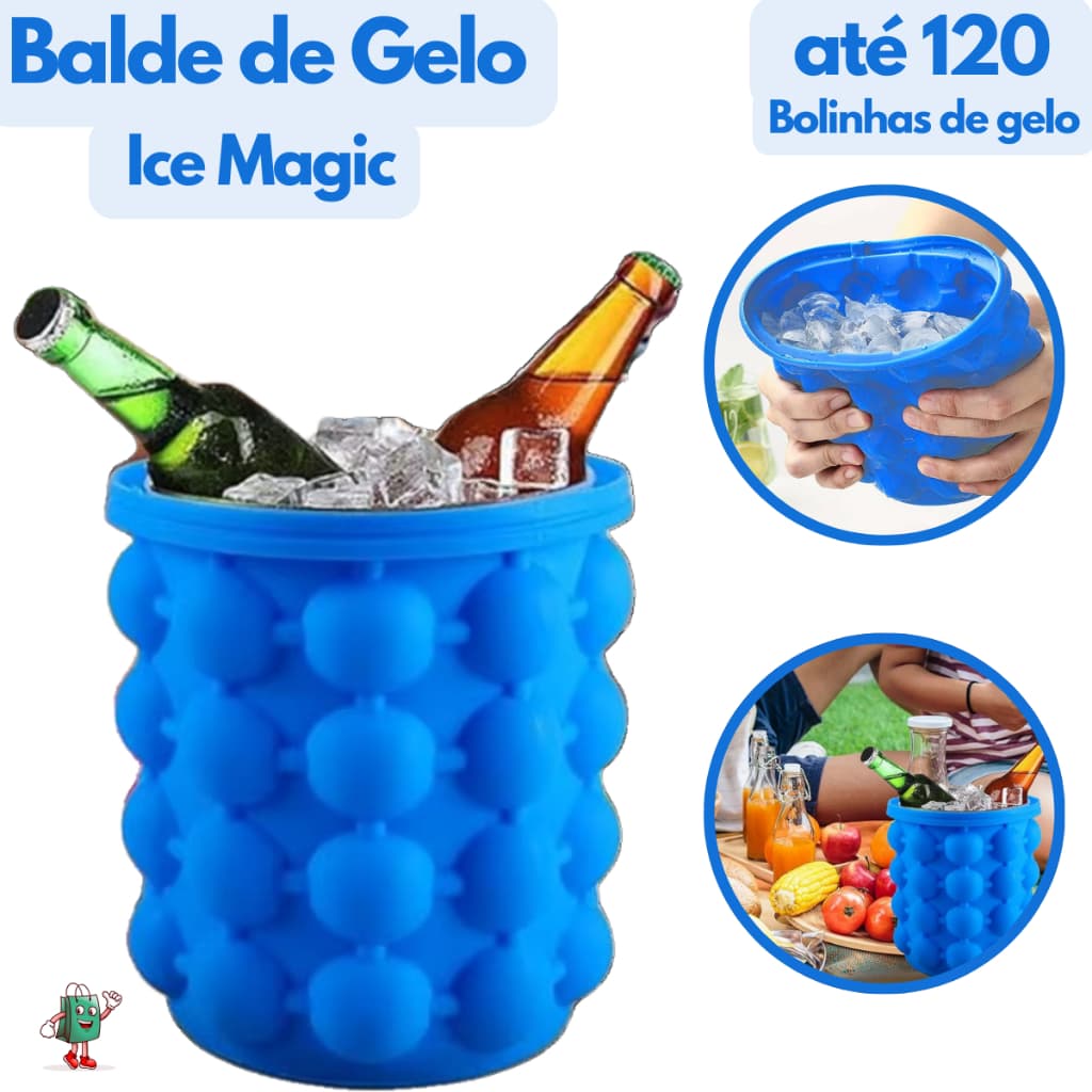Balde Forma de Gelo em Silicone com Tampa Hermética - Faz até 120 Cubos de Gelo Ice Magic