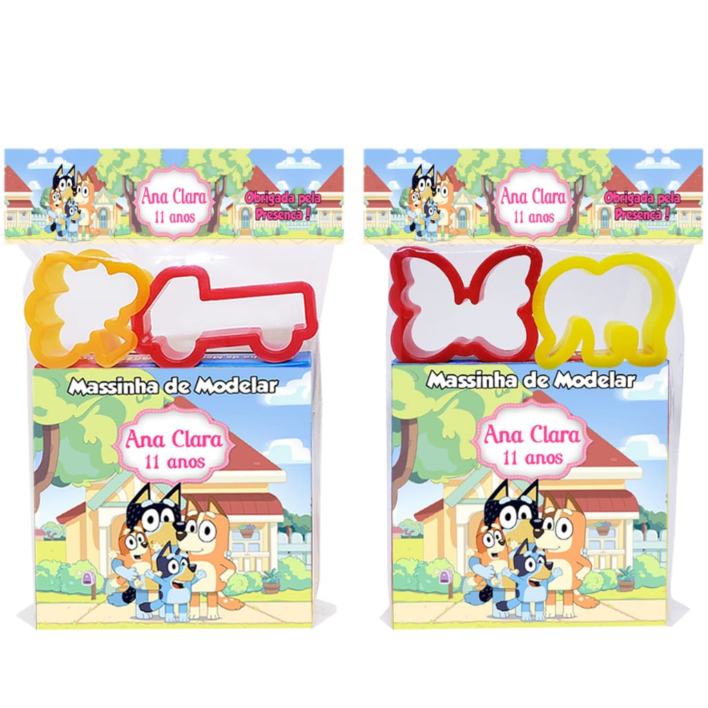 10 Kits Massa Massinha de Modelar com Moldes Cortadores Lembrancinha Aniversário Bluey e Bingo