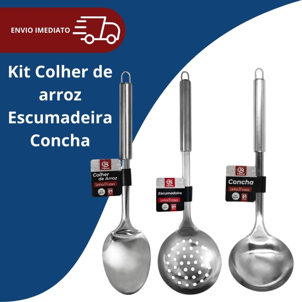 Kit 3 Utensílio de Cozinha Colher de Arroz Concha em Inox Feijão e Escumadeira em Inox Linha Premium