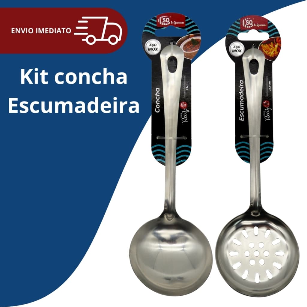 Kit Cozinha 2 Utensílios Peças 100% Aço Inox Escumadeira Concha