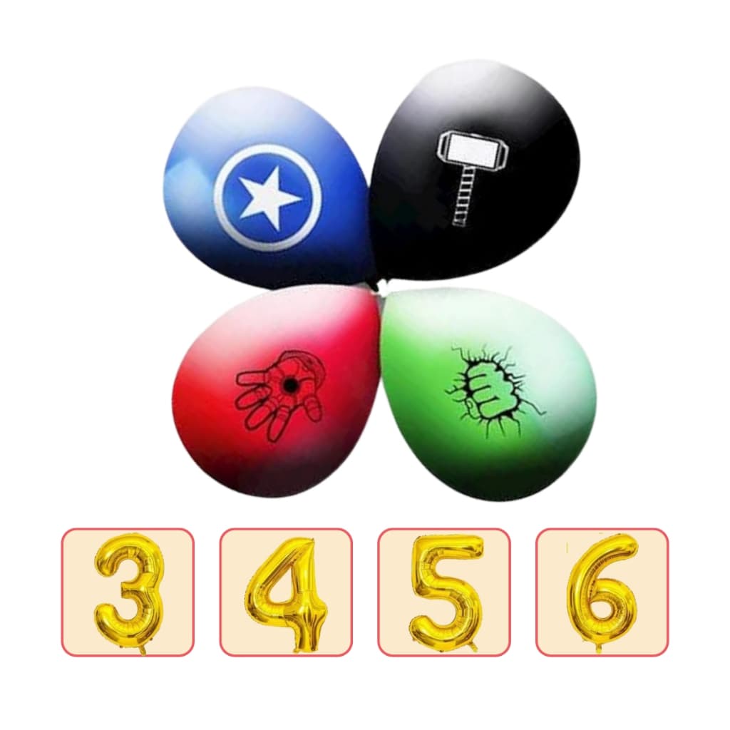 25 Balões Vingadores + 1 Balão Número 3 a 6 - Dourado + Envio Rápido