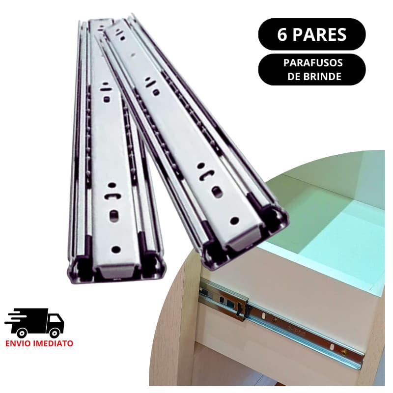 Kits de 6 pares(12un) de Corrediça Telescópica para Gavetas de 25 cm/35 cm/40cm/45cm /50cm – Marca RENNA Escolha seu Kit
