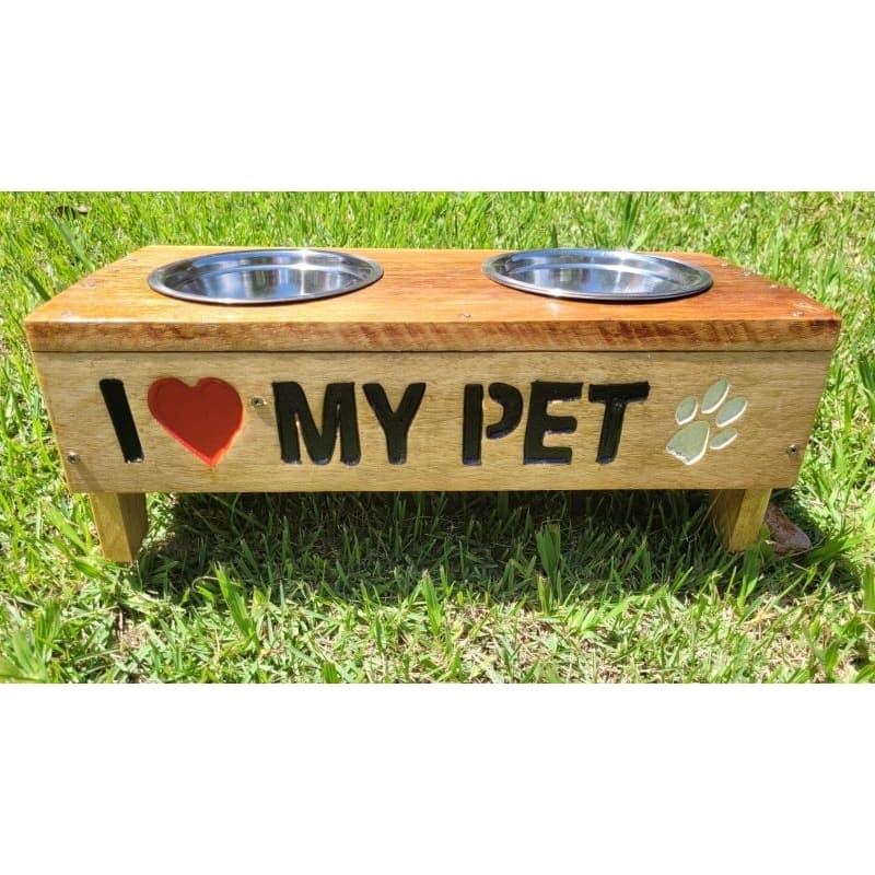 Comedouro Elevado Para Cães e Gatos em Madeira e tigelas inox