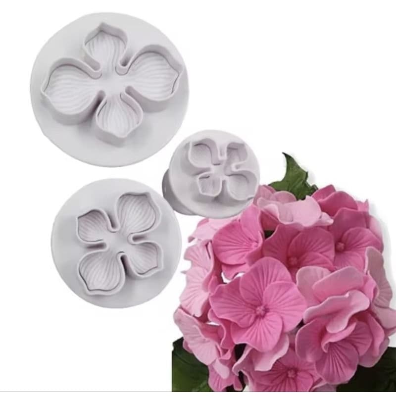 Kit 3 Cortador Ejetor Flor Hortência Pasta Americana Biscuit Cor Branco