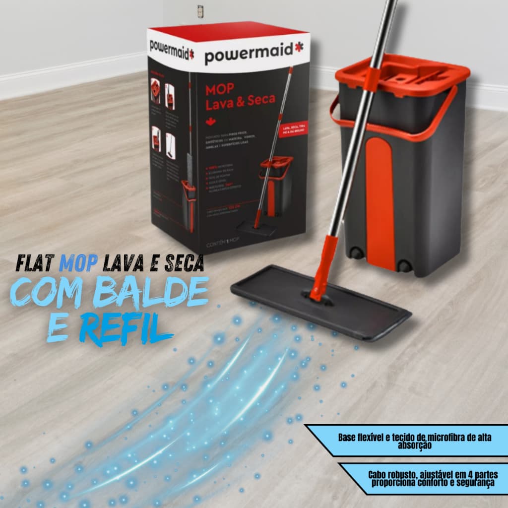 Flat Mop Rodo Lava e Seca com Balde Compacto e Refil Microfibra - Limpeza Prática para Pisos, Utensílio de Limpeza de Mi