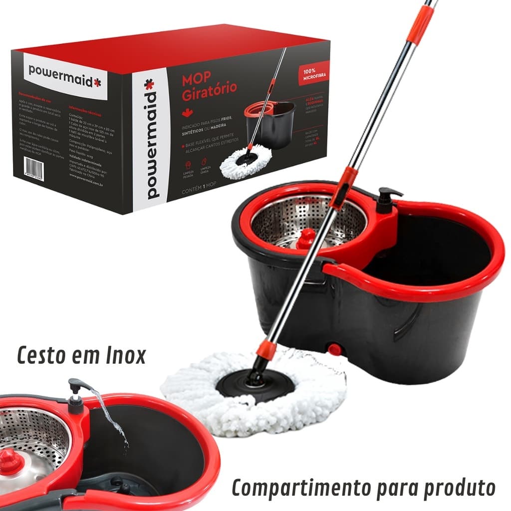 Mop Giratório Linha Profissional Cabo Inox Limpeza Balde Esfregão 360 Universal Original Powermaid