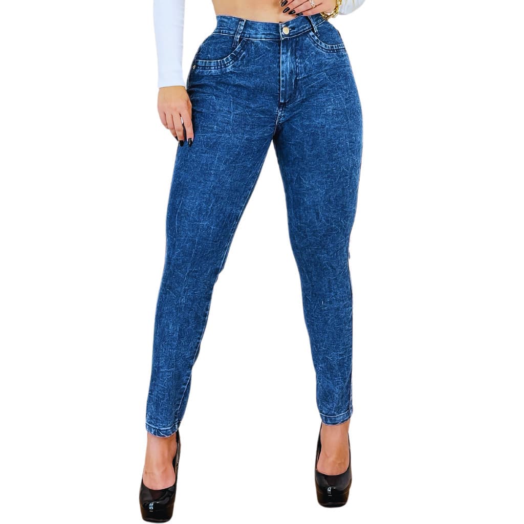 Calça jeans Feminina com Lycra Elastano Cós Alto Skinny Levanta Bumbum Calça Jeans Rajada