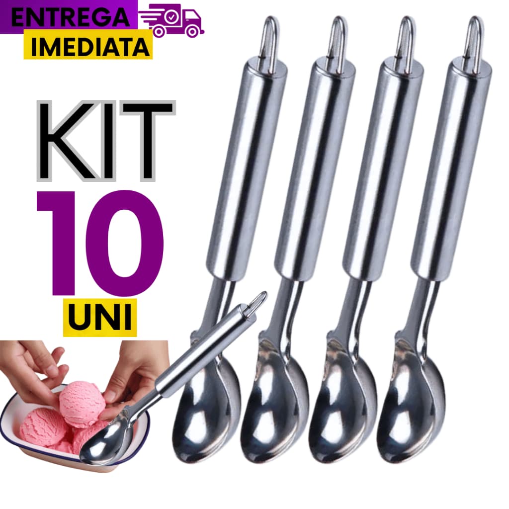 10 Colher Pegador De Sorvete E Açaí Concha Em Aço Inox 20,5cm Reforçada Linha Inox Premium Durável