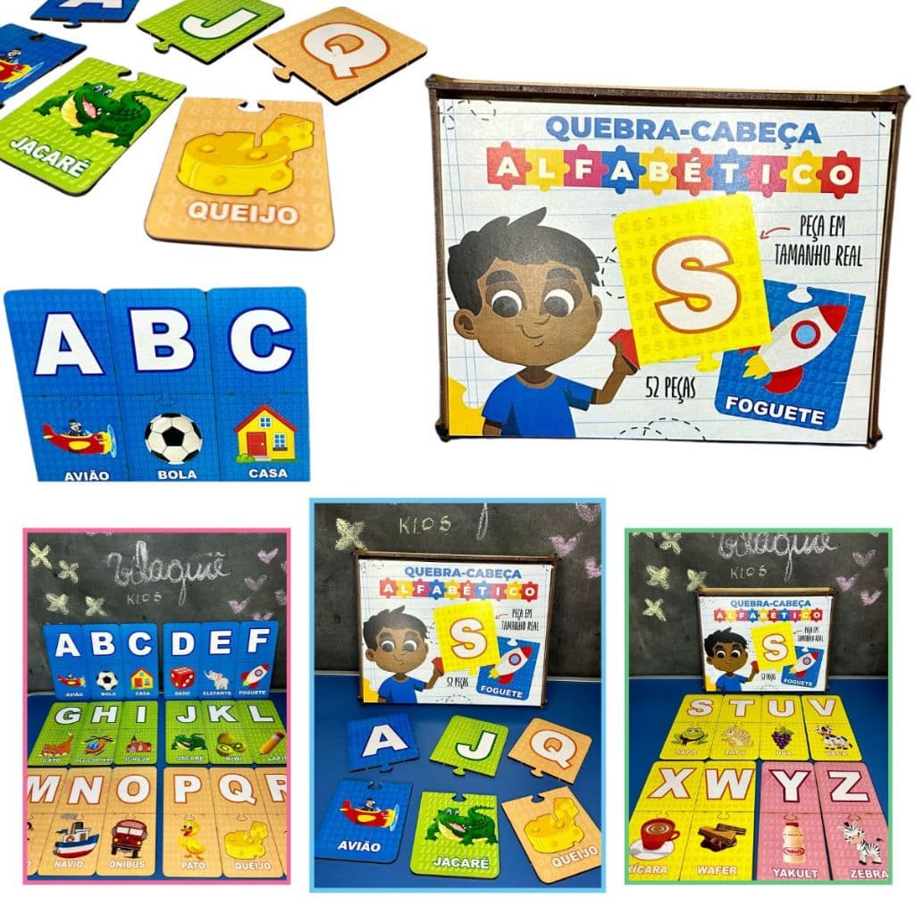 Quebra-Cabeça Alfabético Madeira MDF Alfabetizando Brinquedo Educativo Pedagógico Com Caixinha
