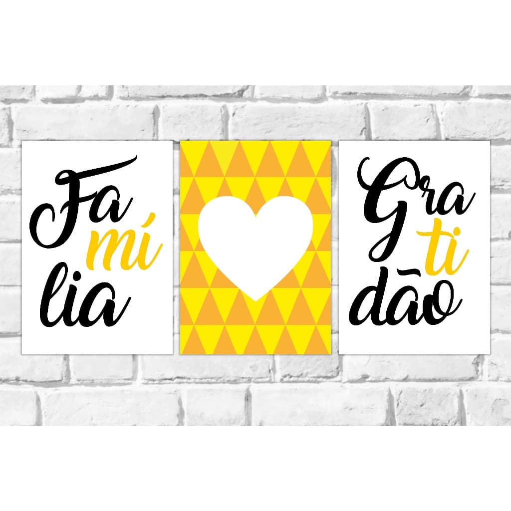 Kit 3 Quadros Mdf Frases Quadros Sala Fé Gratidão Familia Quadros para sala quadros com frases