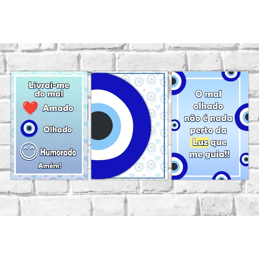 Kit 3 Quadros Mdf Frases Sala Sorte Olho Grego Proteção Quadros para Sala Quadros com frases