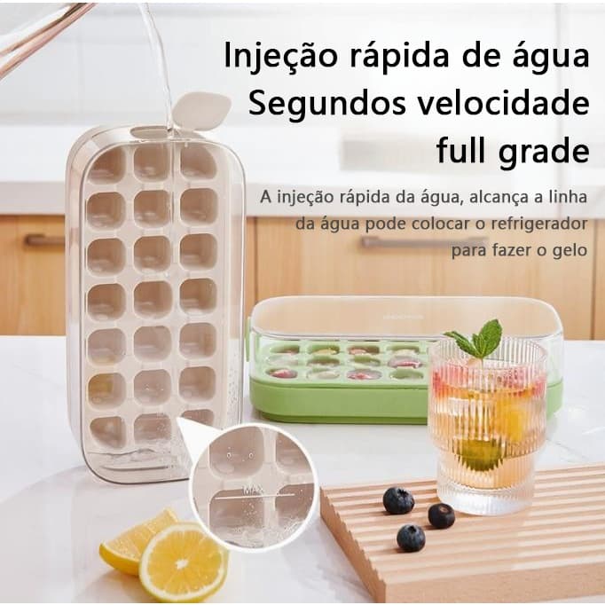 Caixa de Molde de Gelo 21 Cubos com Tampa Removível | Empilhável, Transparente e Prática U10