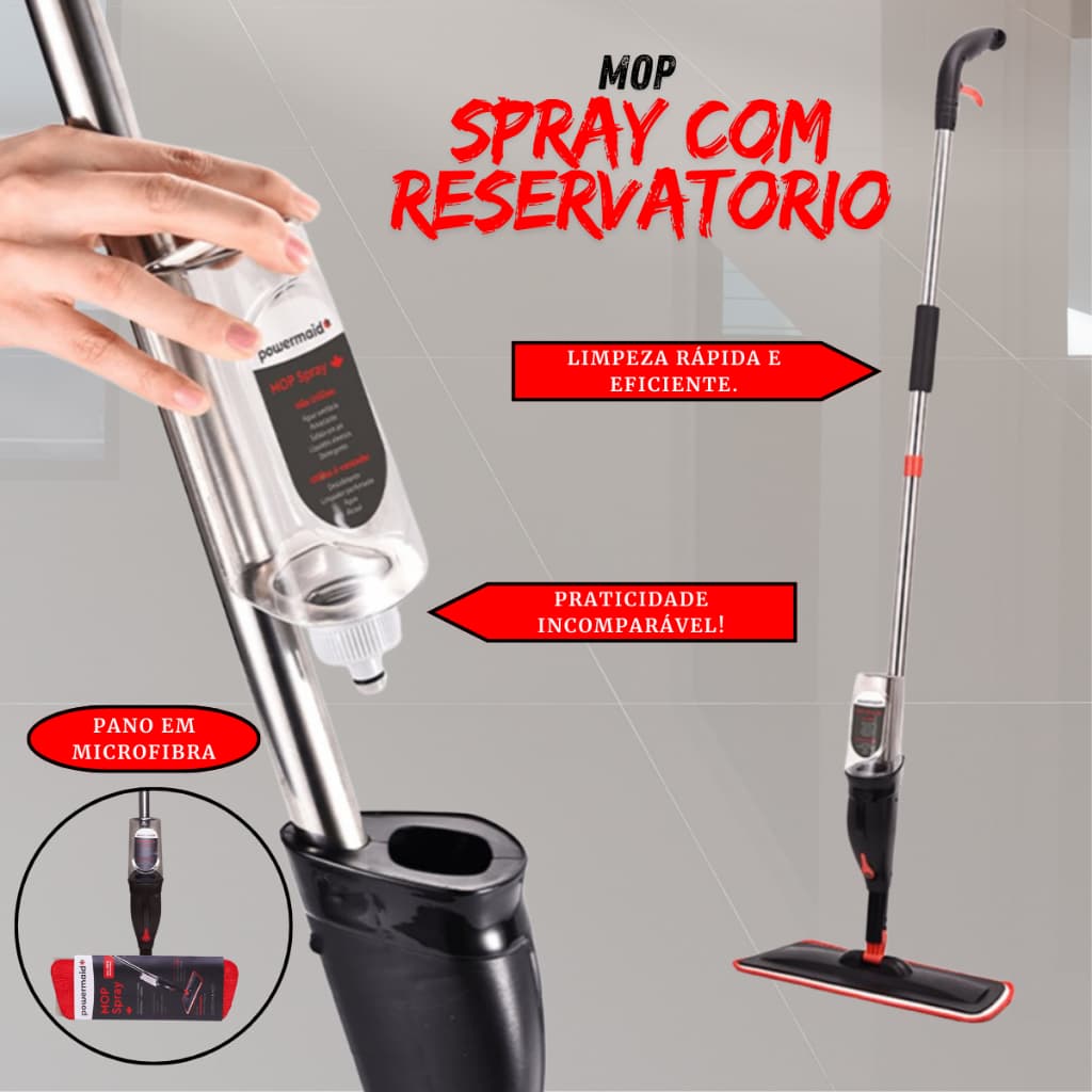 Mop Spray com Reservatório 380ml - Limpeza Eficiente, Mop para Pisos, Microfibra e Aço Inox, Prático, Vermelho/Cinza