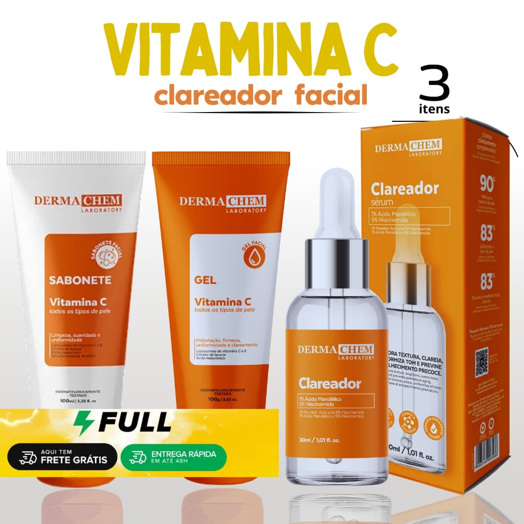 Kit Skin Care Vitamina C Dermachem Clareador Facial Sabonete Gel Sérum Anti-idade
