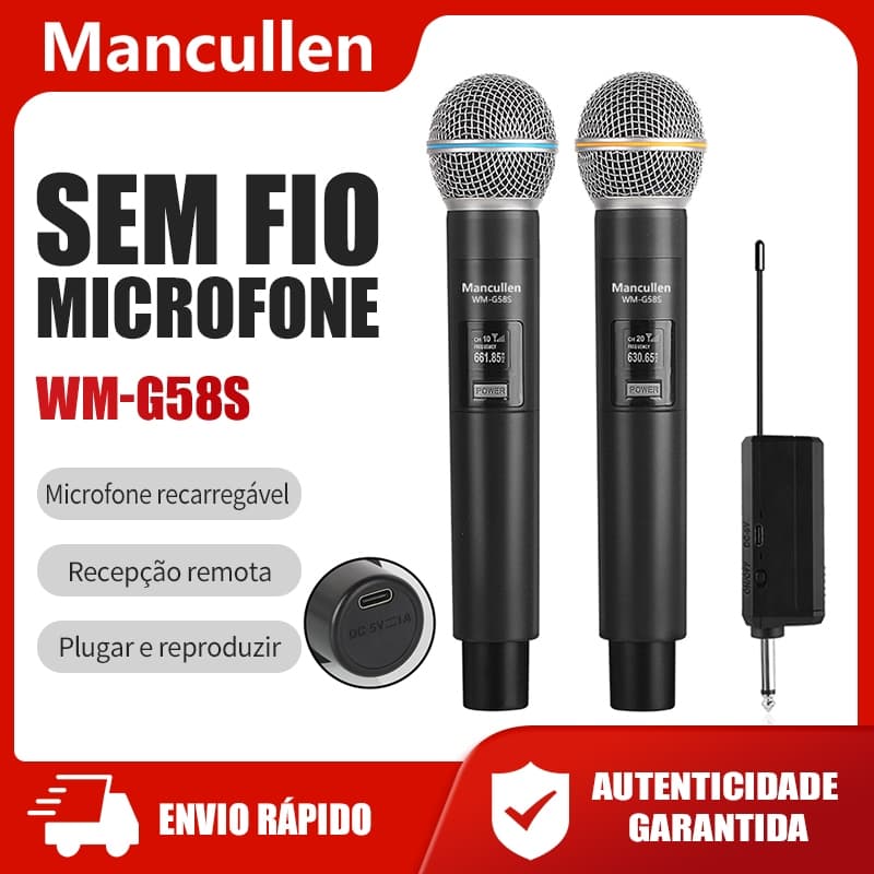 Mancullen Microfone sem fio profissional UHF Microfone dinâmico portátil recarregável para karaokê