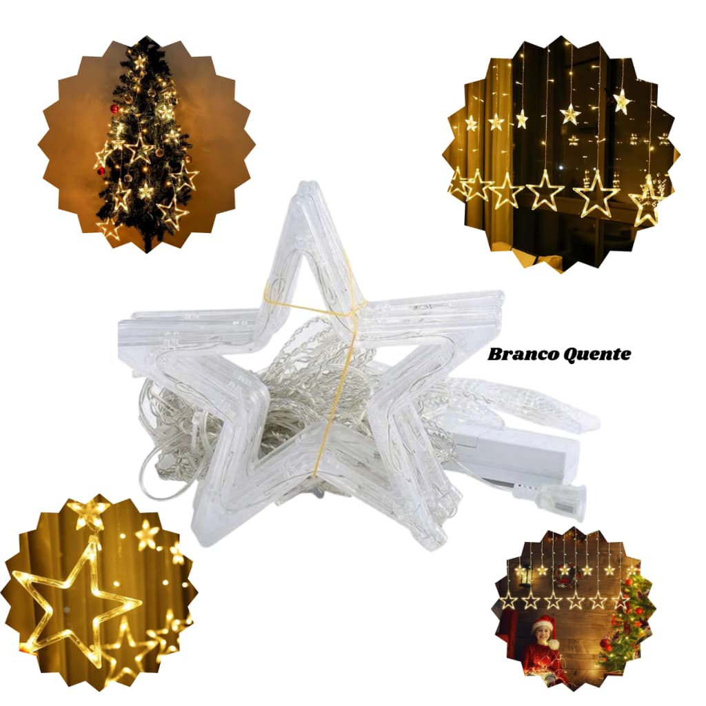 Cascata 138 LED Formato Estrela 8 Funções de Pisca para Cortina luz para decorações de Natal 2,5 Metros Branco Quente