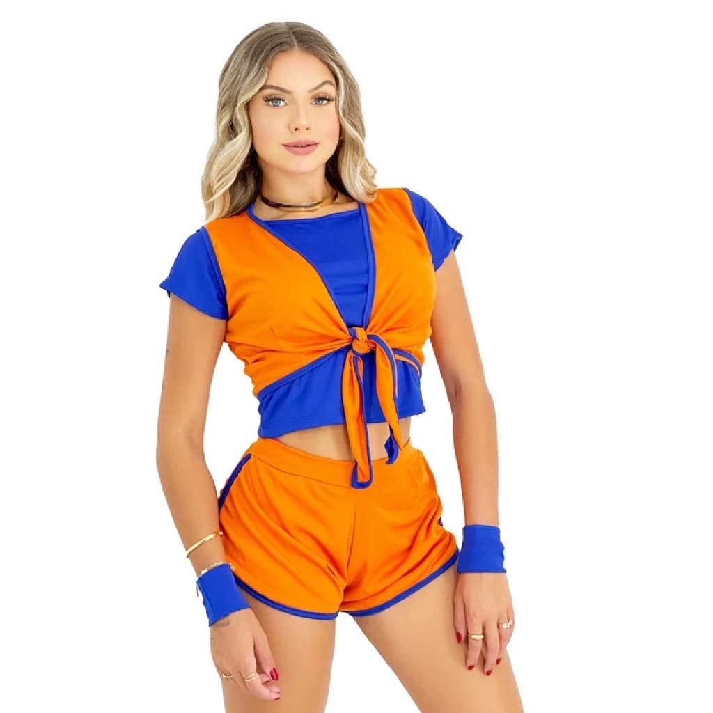 Fantasia Guerreiro Sayajin Laranja Feminino Adulto Festa Carnaval Halloween