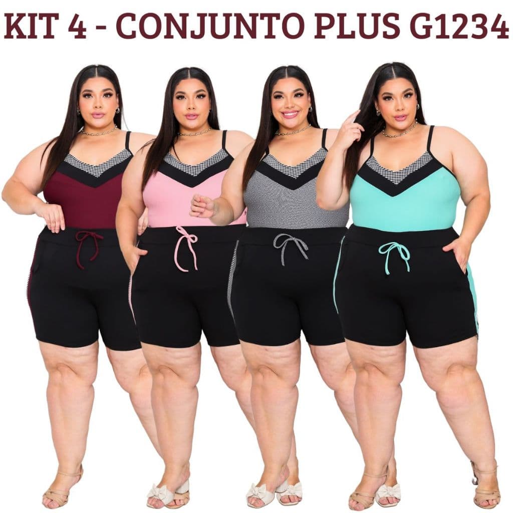 KIT 4 Conjunto Plus Size Feminino Verao Short e Regata Tamanhos Grandes G1 G2 G3 G4 Gordinhas Maravilhosas Moda Plus S